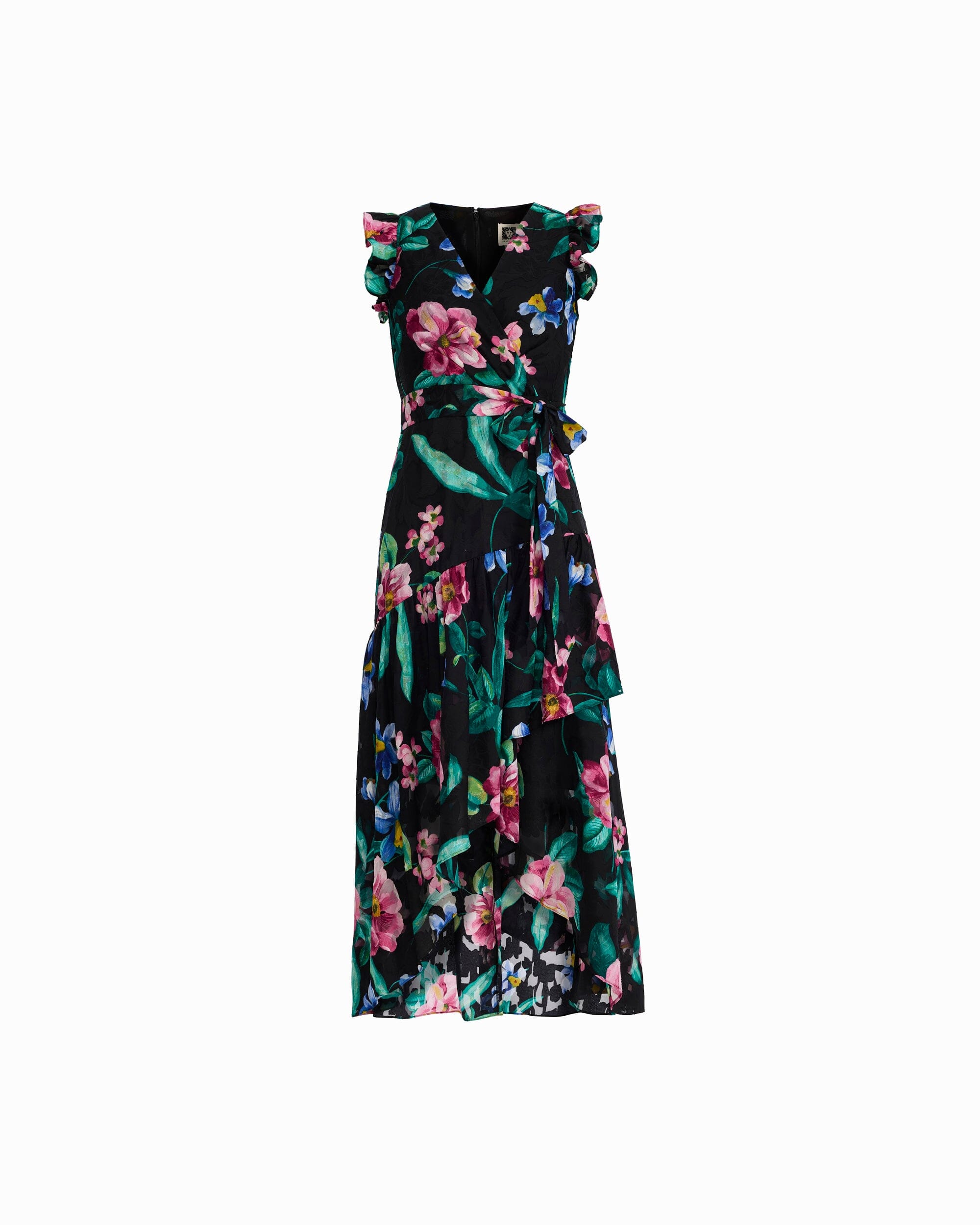 Anne Klein ANNE BLACK MULTI High-Low Hem Wrap Dress With Ruffle detail Sleeves