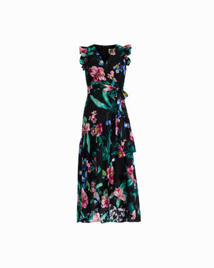 Anne Klein ANNE BLACK MULTI High-Low Hem Wrap Dress With Ruffle detail Sleeves