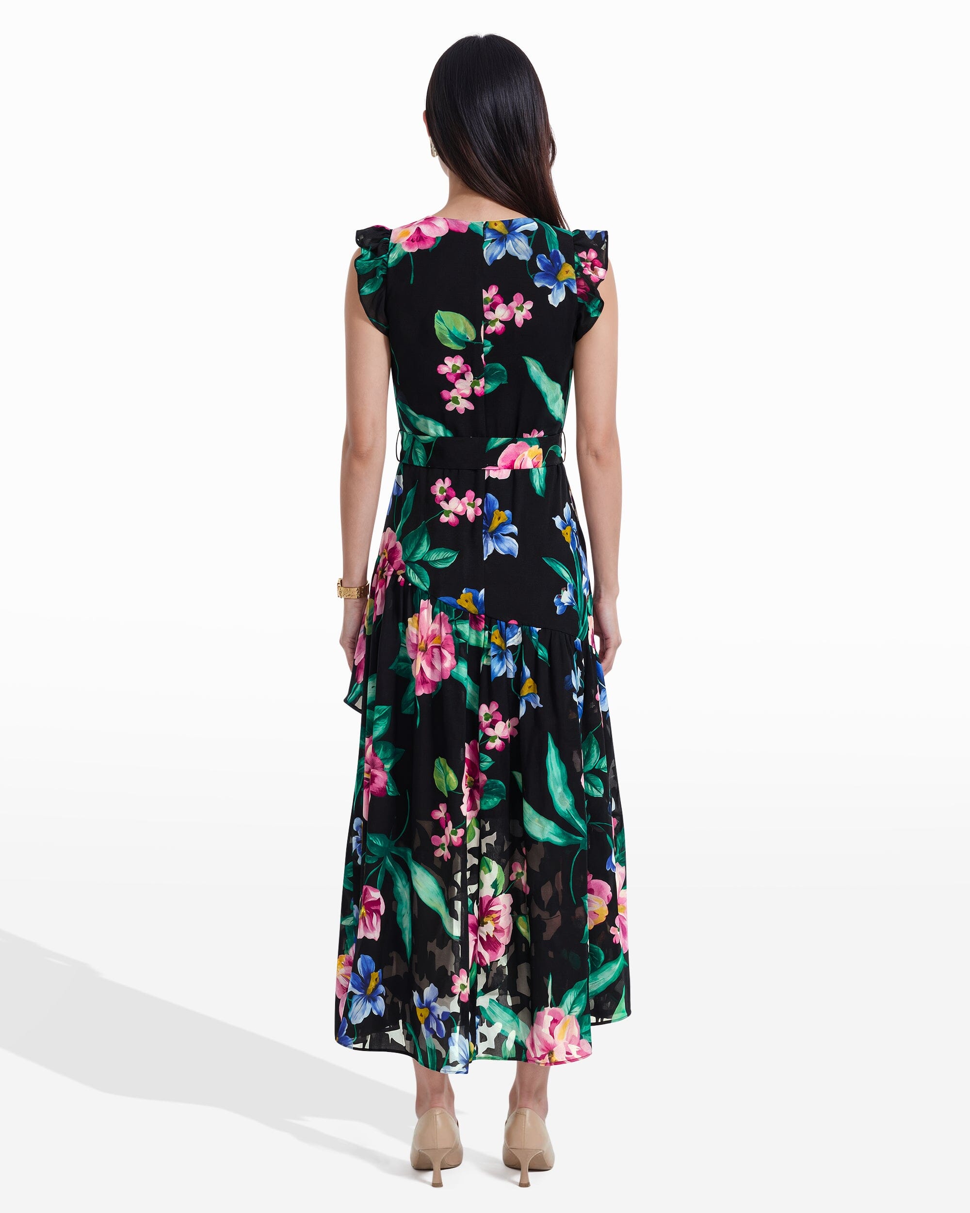 Anne Klein High-Low Hem Wrap Dress with Ruffle Detail Sleeves