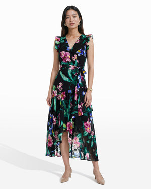 Anne Klein ANNE BLACK MULTI High-Low Hem Wrap Dress with Ruffle Detail Sleeves