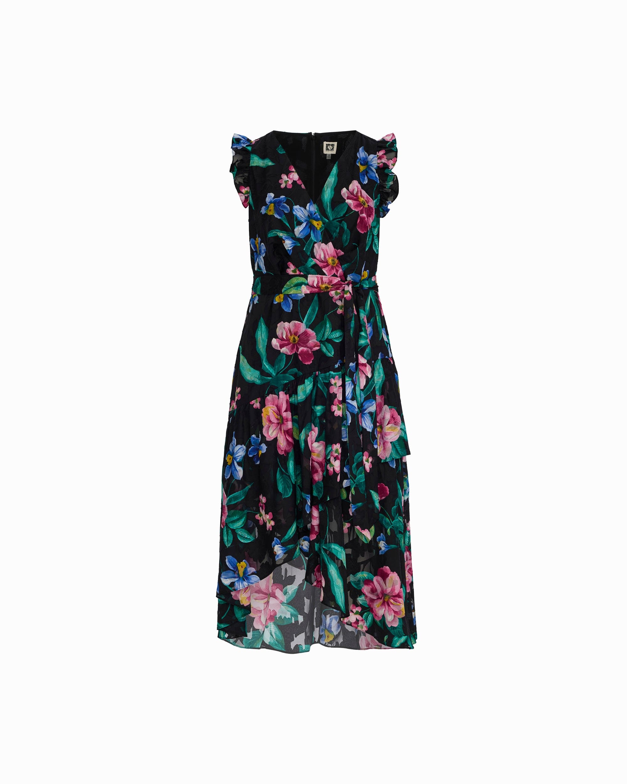 Anne Klein ANNE BLACK MULTI Plus Size High-Low Hem Wrap Dress with Ruffle detail Sleeves