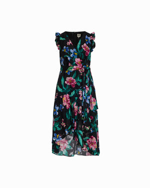 Anne Klein ANNE BLACK MULTI Plus Size High-Low Hem Wrap Dress with Ruffle detail Sleeves