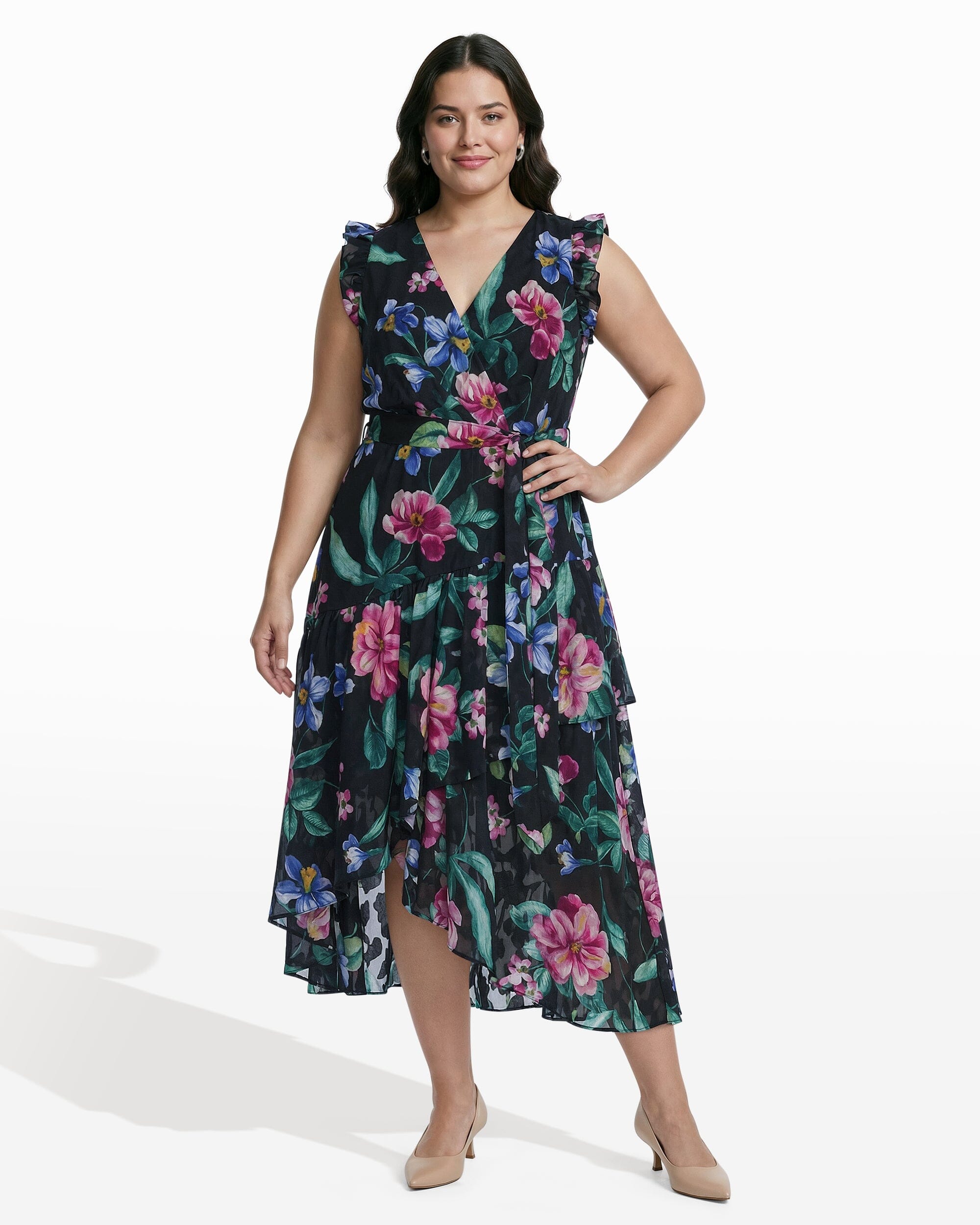 Anne Klein ANNE BLACK MULTI Plus Size High-Low Hem Wrap Dress with Ruffle Detail Sleeves