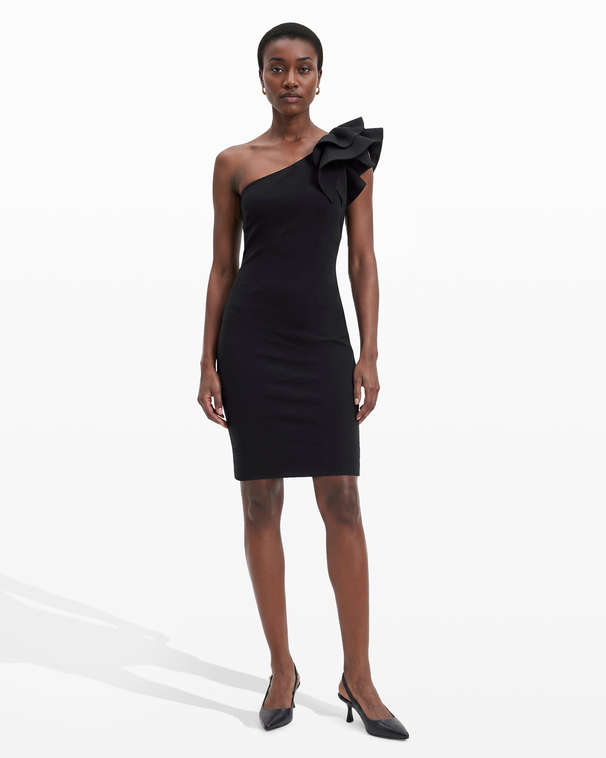 One Shoulder Sheath Dress with Ruffle | Anne Klein Anne Black / 10 One Shoulder Sheath Dress with Ruffle | Anne Klein Anne Black / 10