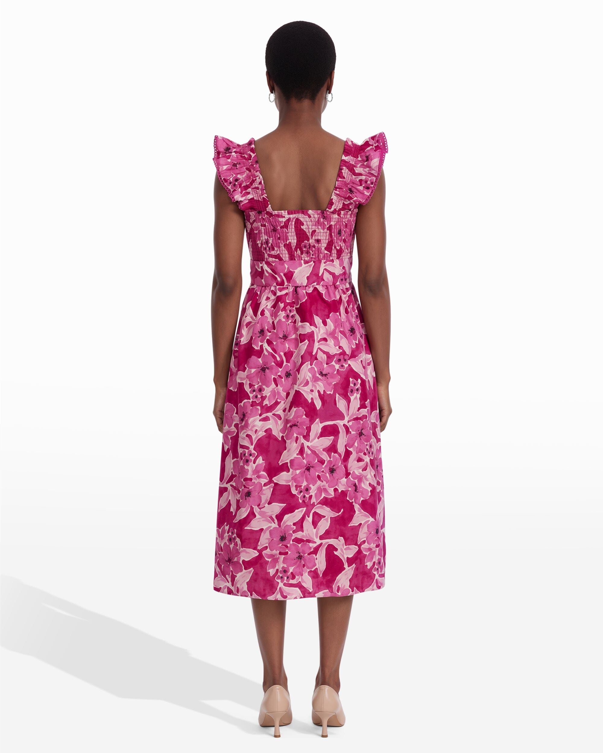 Anne Klein Smocked Midi Length Dress with Ruffle Detail Sleeves