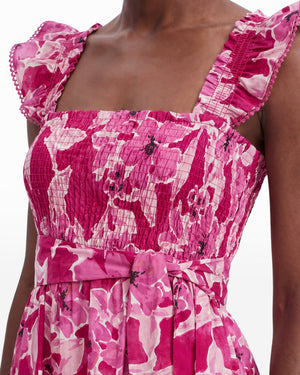 Anne Klein Smocked Midi Length Dress with Ruffle Detail Sleeves