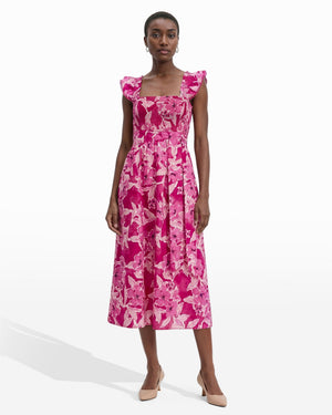 Anne Klein VIBRANT PINK MULTI Smocked Midi Length Dress with Ruffle Detail Sleeves