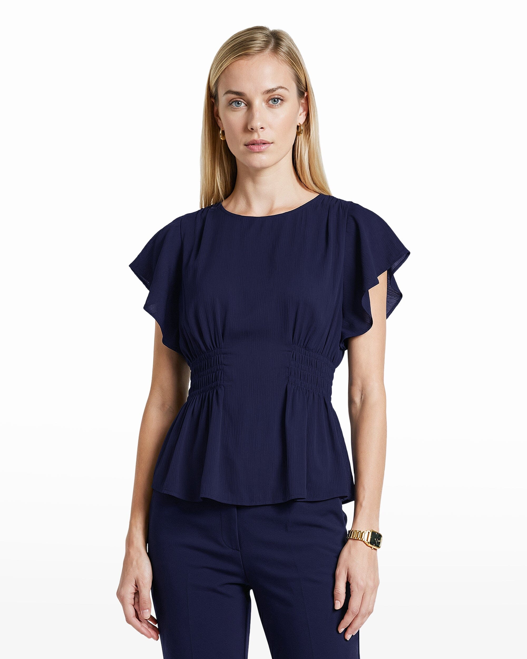 Anne Klein Smocked Waist Flutter Sleeve Blouse
