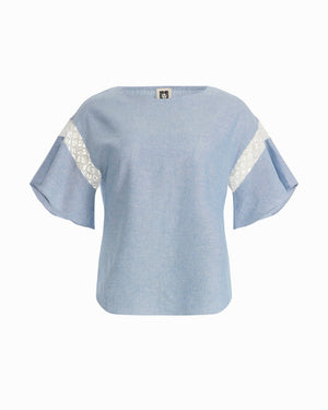 Anne Klein LAGOON/CRSP WHT Flutter Short Sleeve Bateau Neck Blouse with Lace Trim