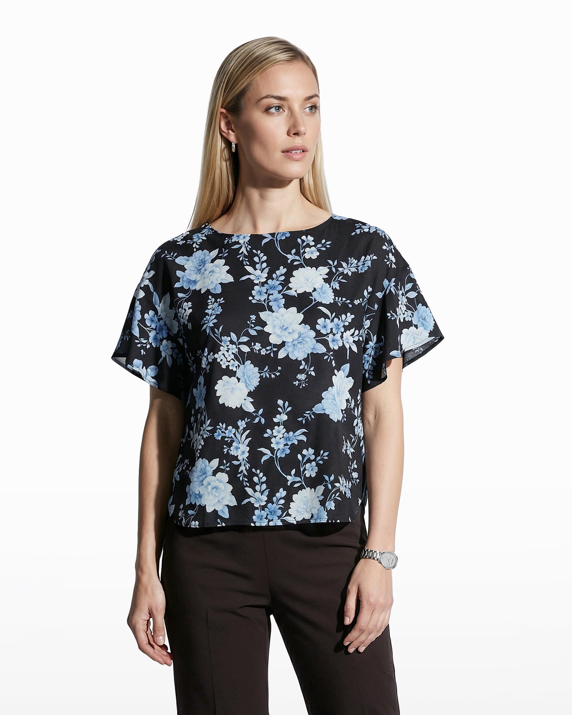 Anne Klein ANNE BLACK MULTI Plus Size Flutter Sleeve Bateau Neck Blouse