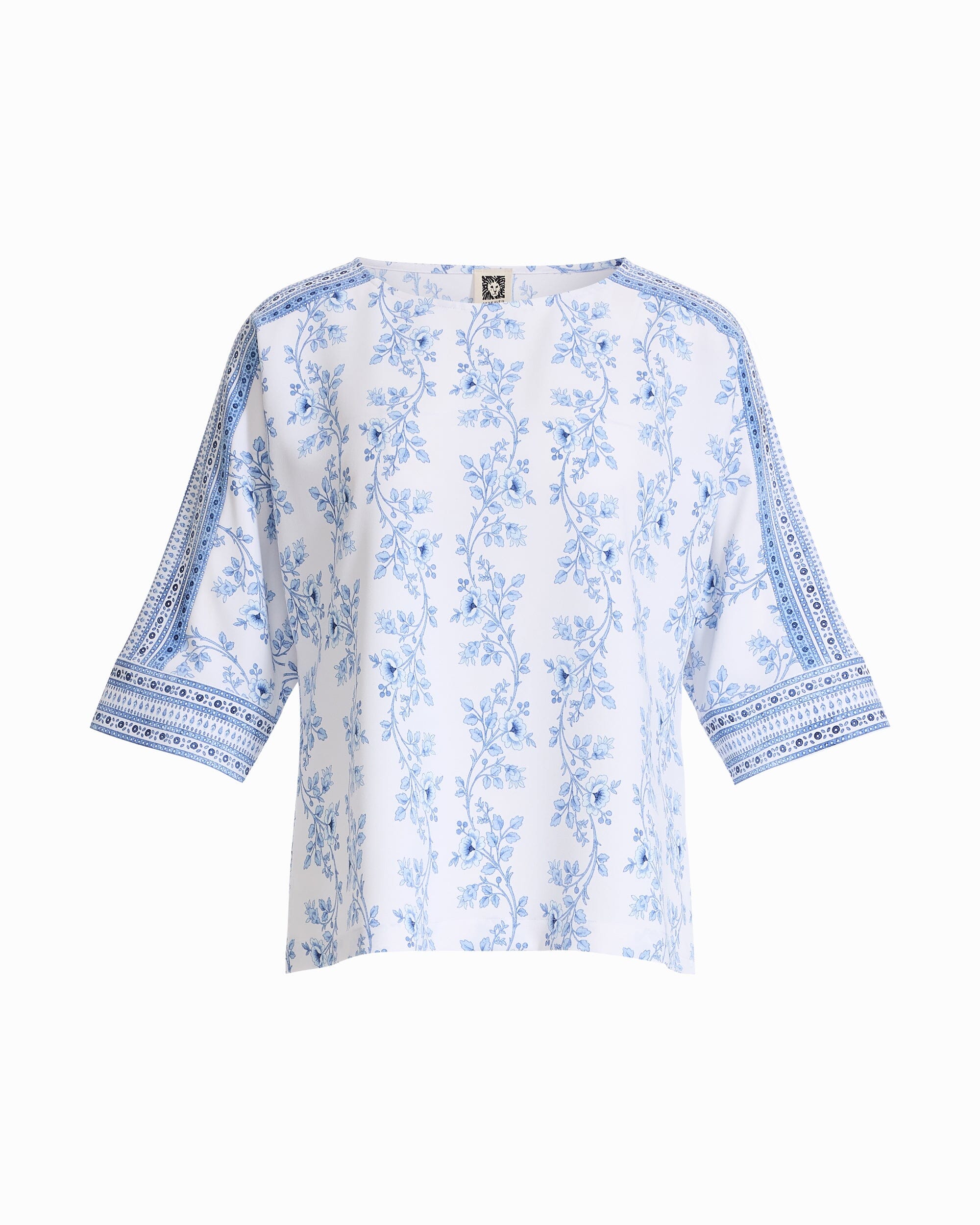 Anne Klein CRISP WHITE MLT Three-Quarter Sleeve Bateau Neck Top with Panel Sleeve