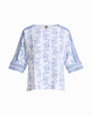 Anne Klein CRISP WHITE MLT Three-Quarter Sleeve Bateau Neck Top with Panel Sleeve