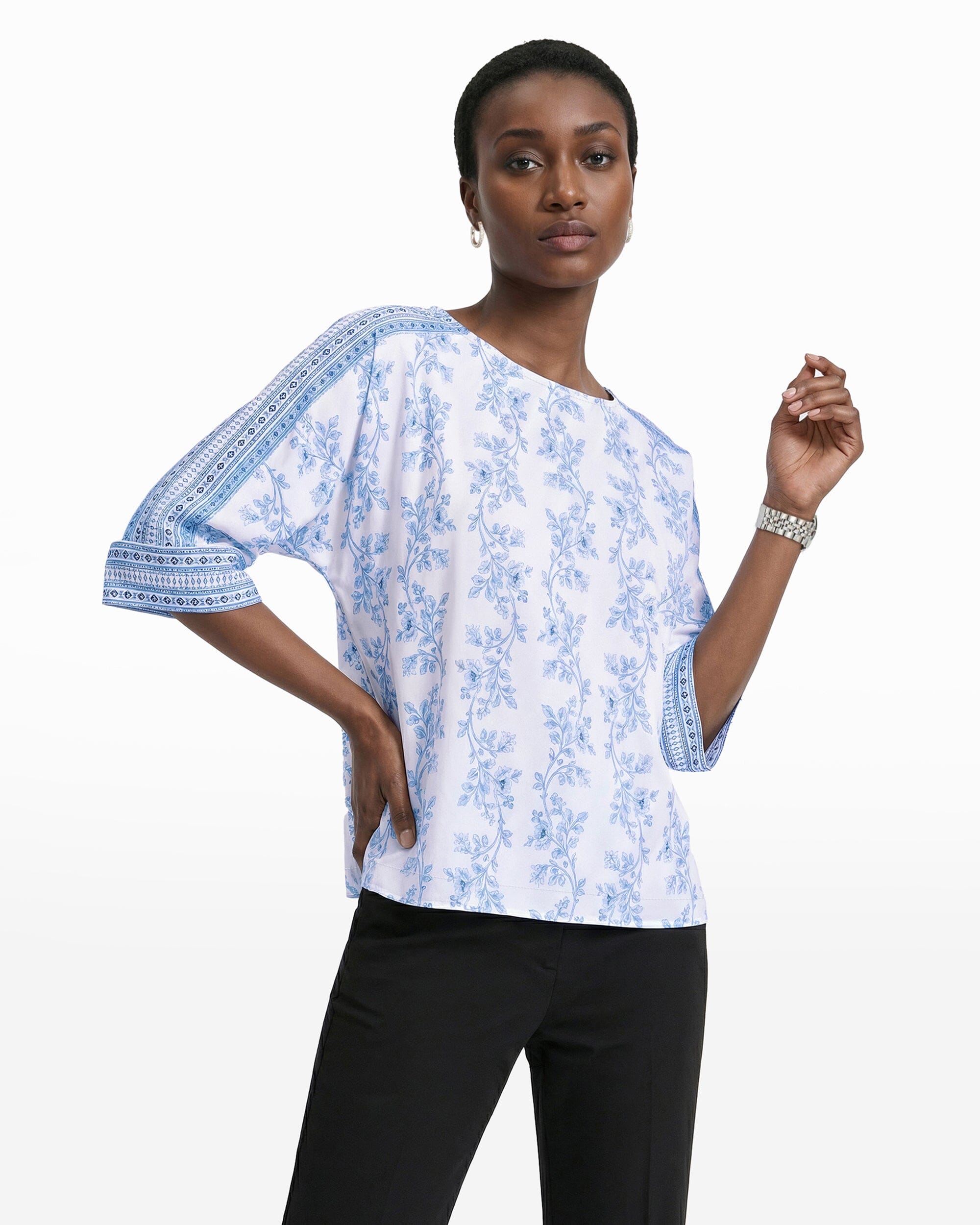 Anne Klein Three-Quarter Sleeve Bateau Neck Top with Panel Sleeve