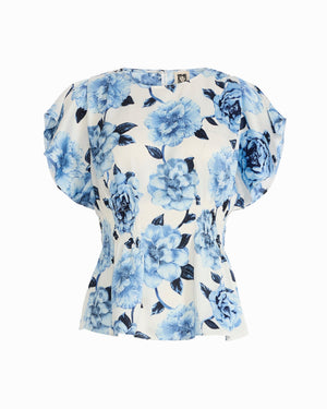 Anne Klein CRISP WHITE MLT Petite Smocked Waist Flutter Sleeve Blouse