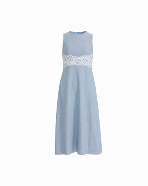 Anne Klein LAGOON/CRSP WHT Sleeveless Midi Dress with Lace Inset