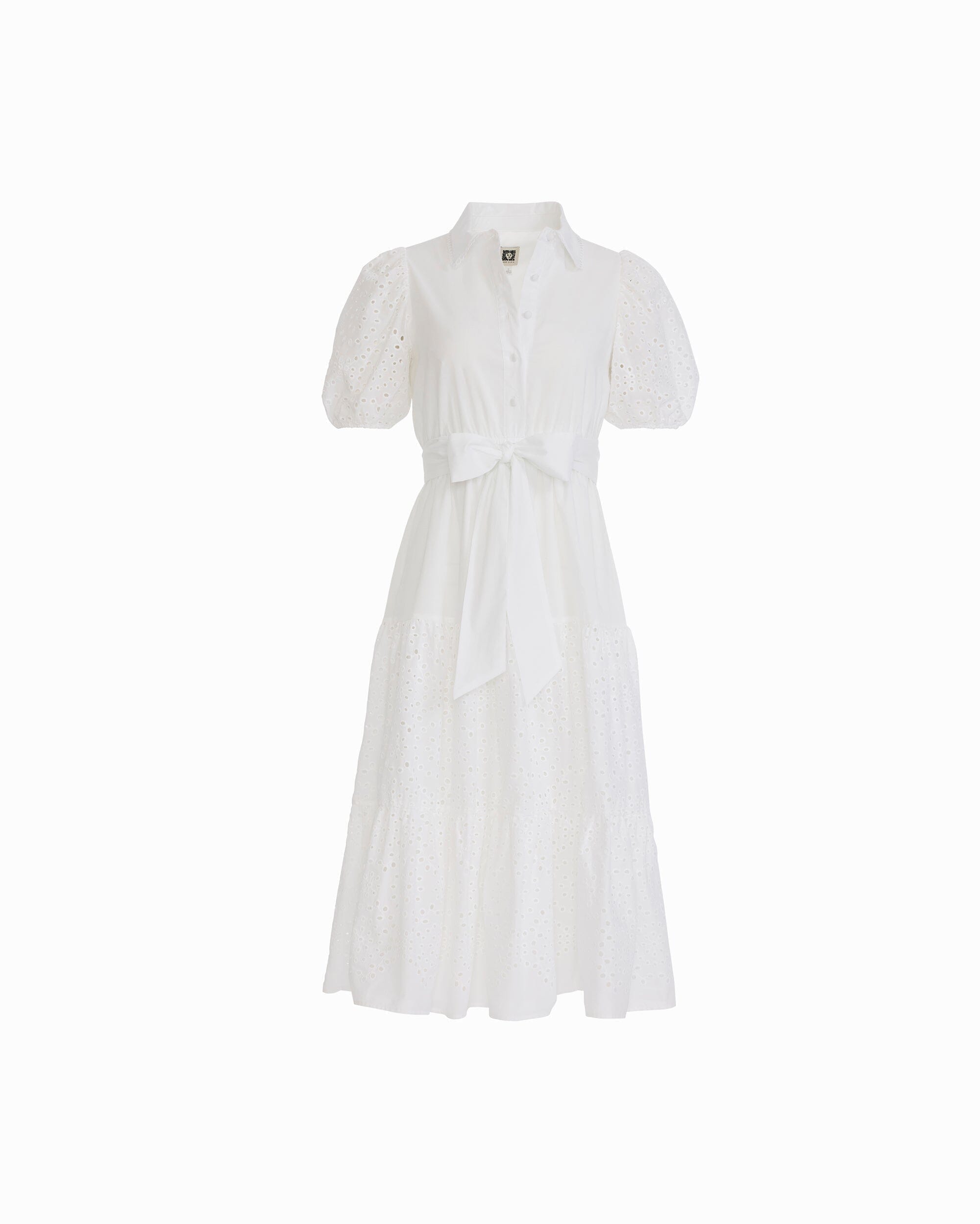 Anne Klein CRISP WHITE Puff Sleeve Tiered Shirt Dress