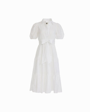 Anne Klein CRISP WHITE Puff Sleeve Tiered Shirt Dress