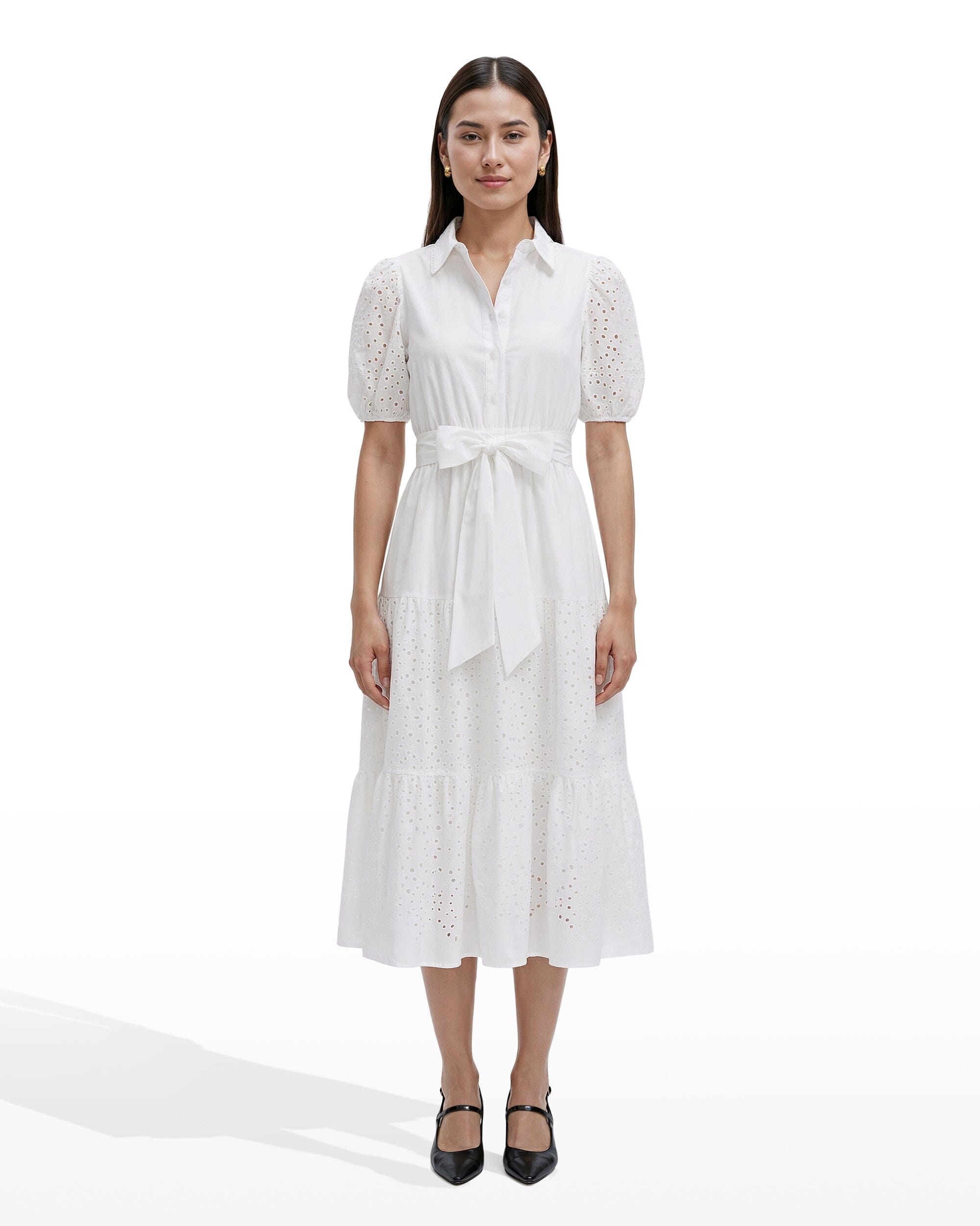 Anne Klein Women's Puff-Sleeve Midi Eyelet Shirtdress