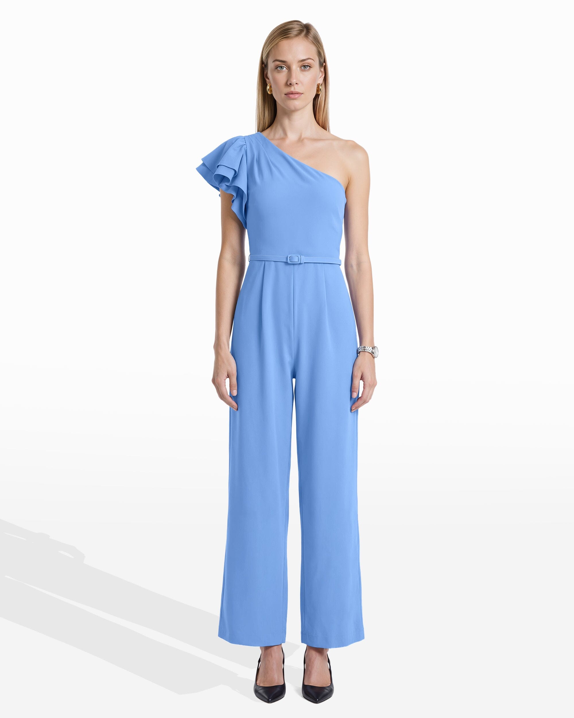 Anne Klein One Shoulder Ruffle Detail Sleeve Jumpsuit