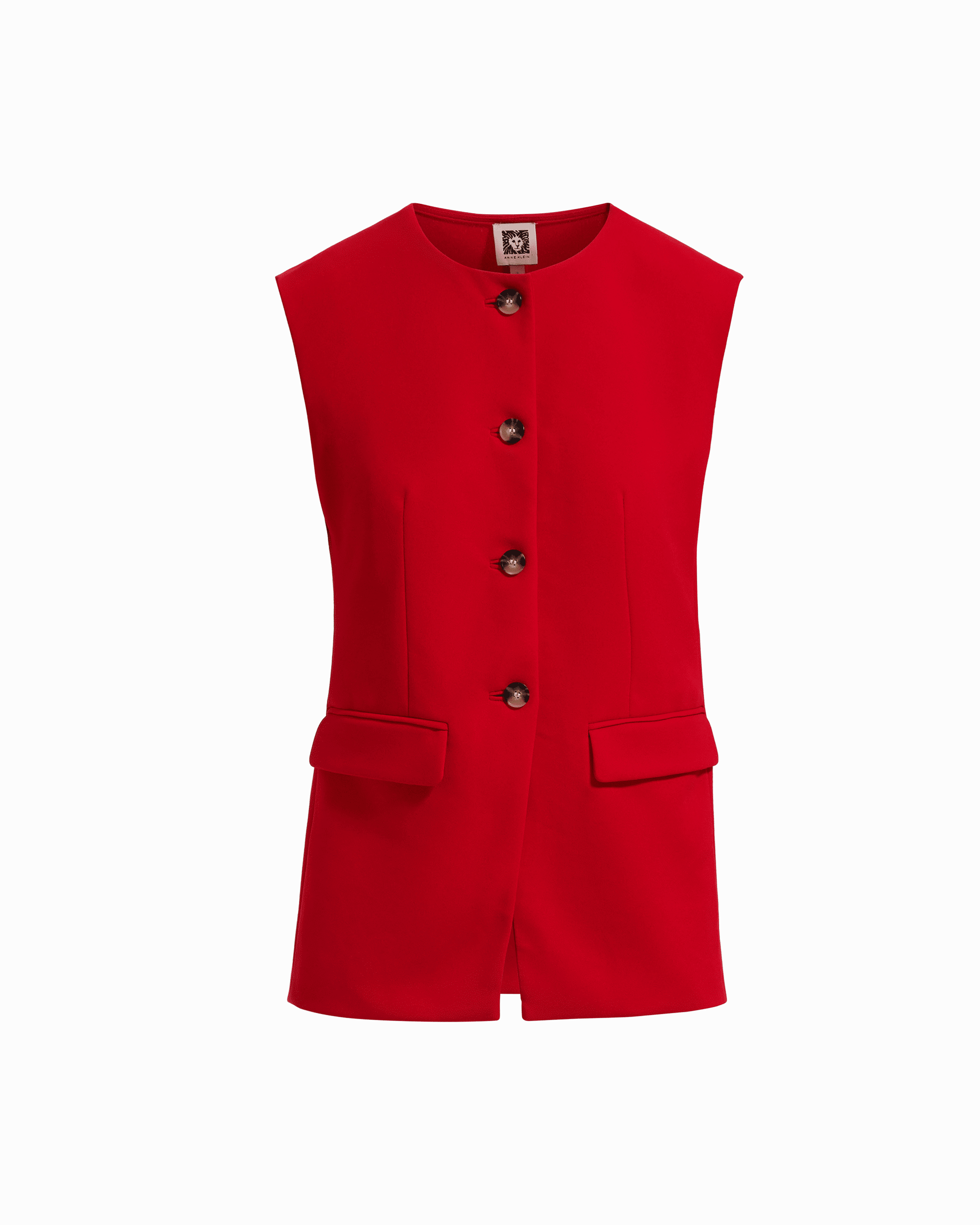 Anne Klein BEGONIA RED Four-Button Sleeveless Vest Jacket with Flap Pockets