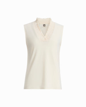 Anne Klein WHITE DOVE Smocked Neckline Sleeveless Knit Tank Top