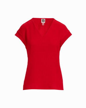 Anne Klein BEGONIA RED Extended Shoulder V-Neck Knit Top