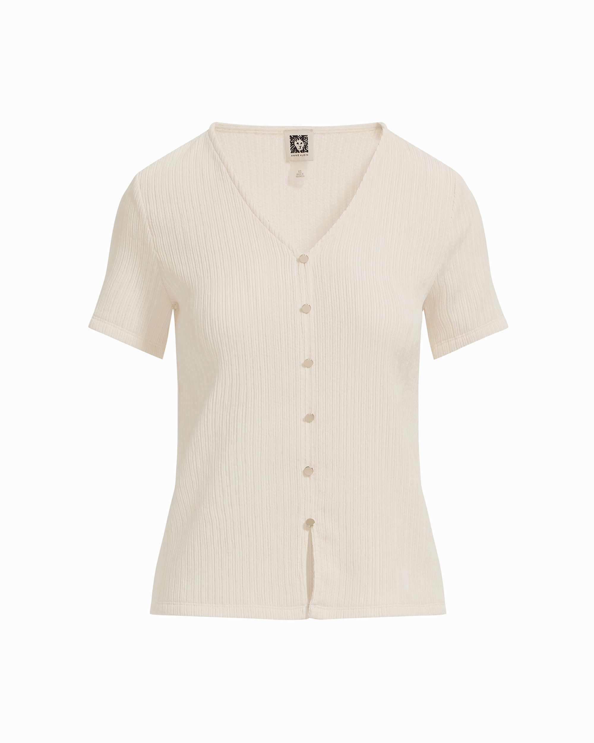 Anne Klein WHITE DOVE Short Sleeve V-Neck Button Loop Knit Top
