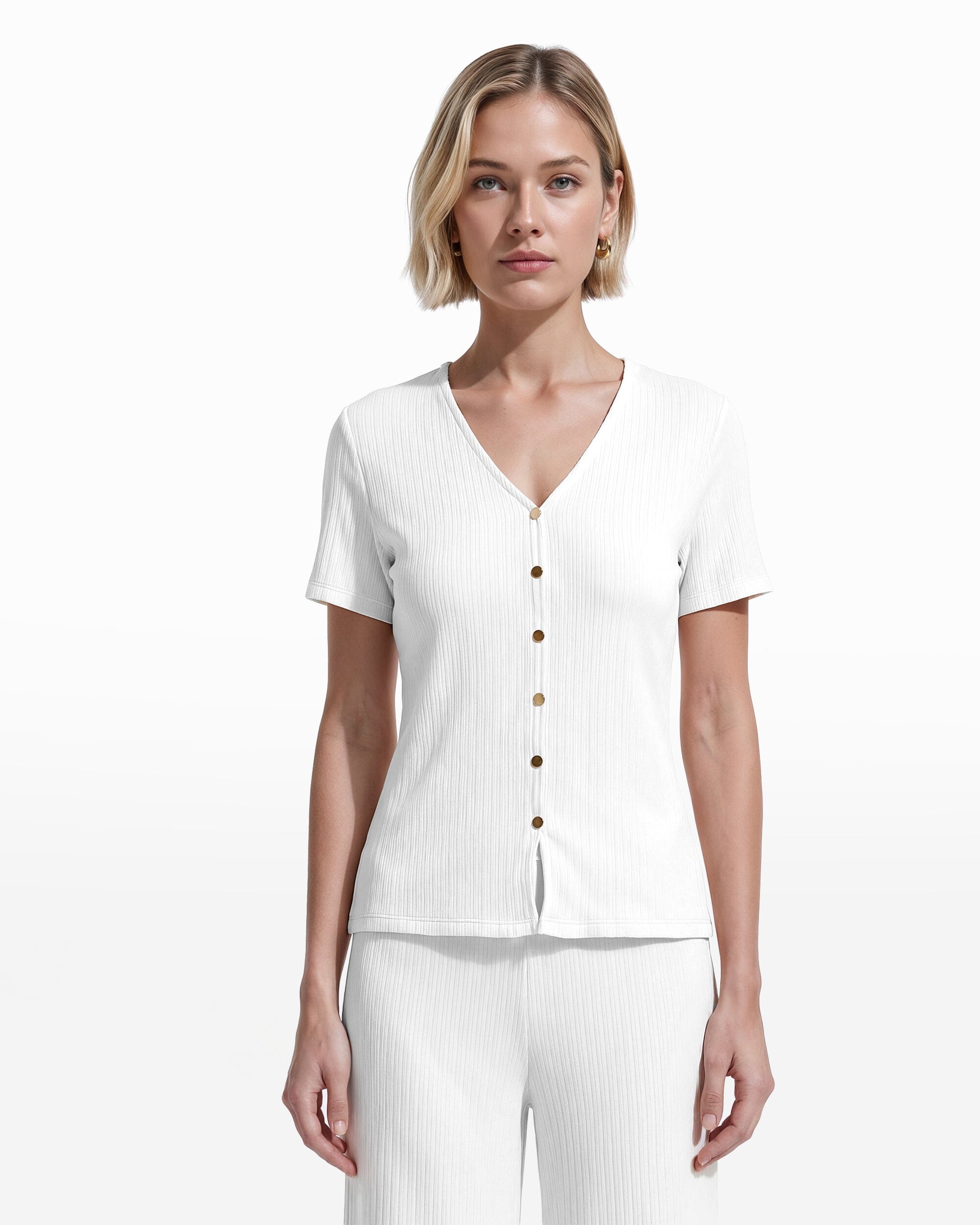 Anne Klein Short Sleeve V-Neck Button Loop Knit Top