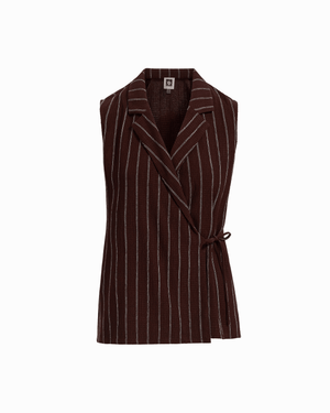 Anne Klein DK CHOC/WHT DV Sleeveless Notch Neck Wrap Top