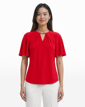 Anne Klein BEGONIA RED V-Neck Bell Sleeve Pullover Top