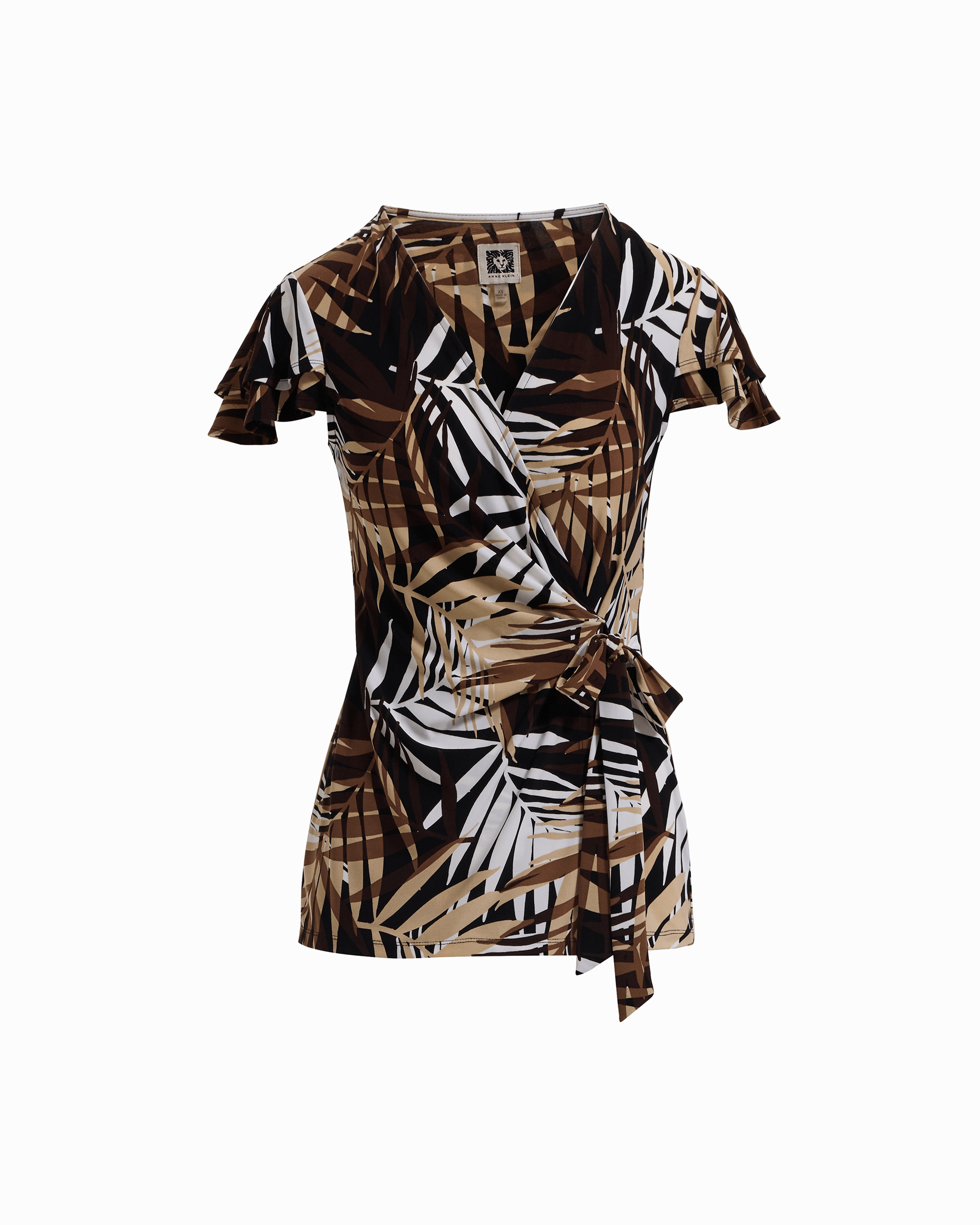 Anne Klein ANNE BLACK MULTI Leo Wrap Top with Flutter Sleeves