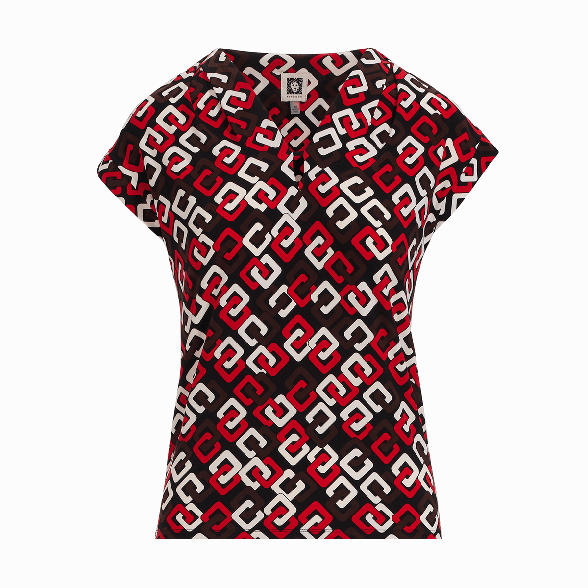 V-Neck Short Sleeve Pullover Top in BEGONIA RED MLT | Anne Klein