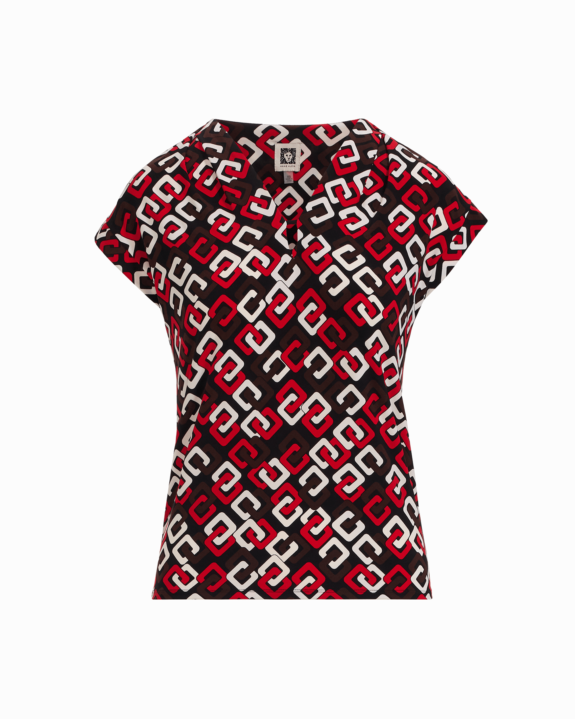 Anne Klein BEGONIA RED MLT Plus Size V-Neck Short Sleeve Pullover Top