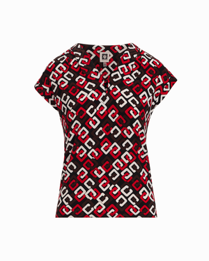 Anne Klein BEGONIA RED MLT V-Neck Short Sleeve Pullover Top