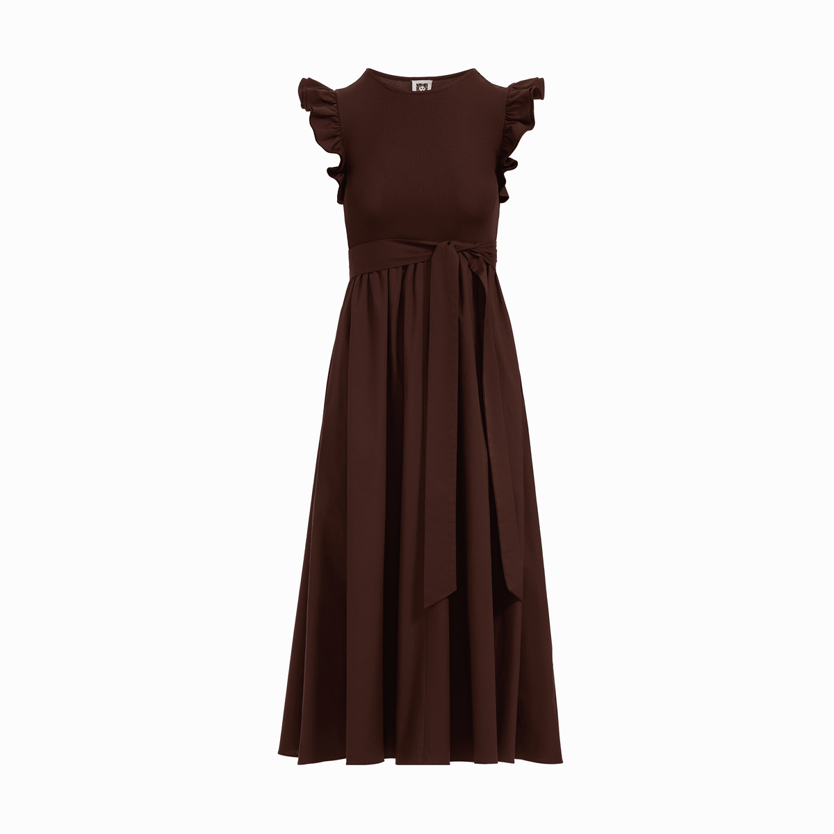 Mixed Media Midi Dress with Ruffle Sleeves in DARK CHOCOLATE