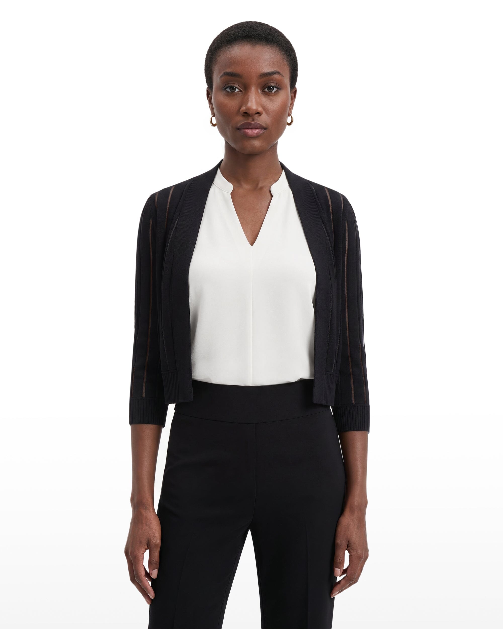 Anne Klein Sheer Stripe Three-Quarter Sleeve Shrug