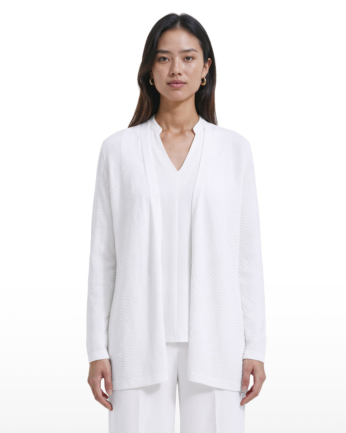 Textured Stitch Sheer Long Open-Front Cardigan in WHITE DOVE