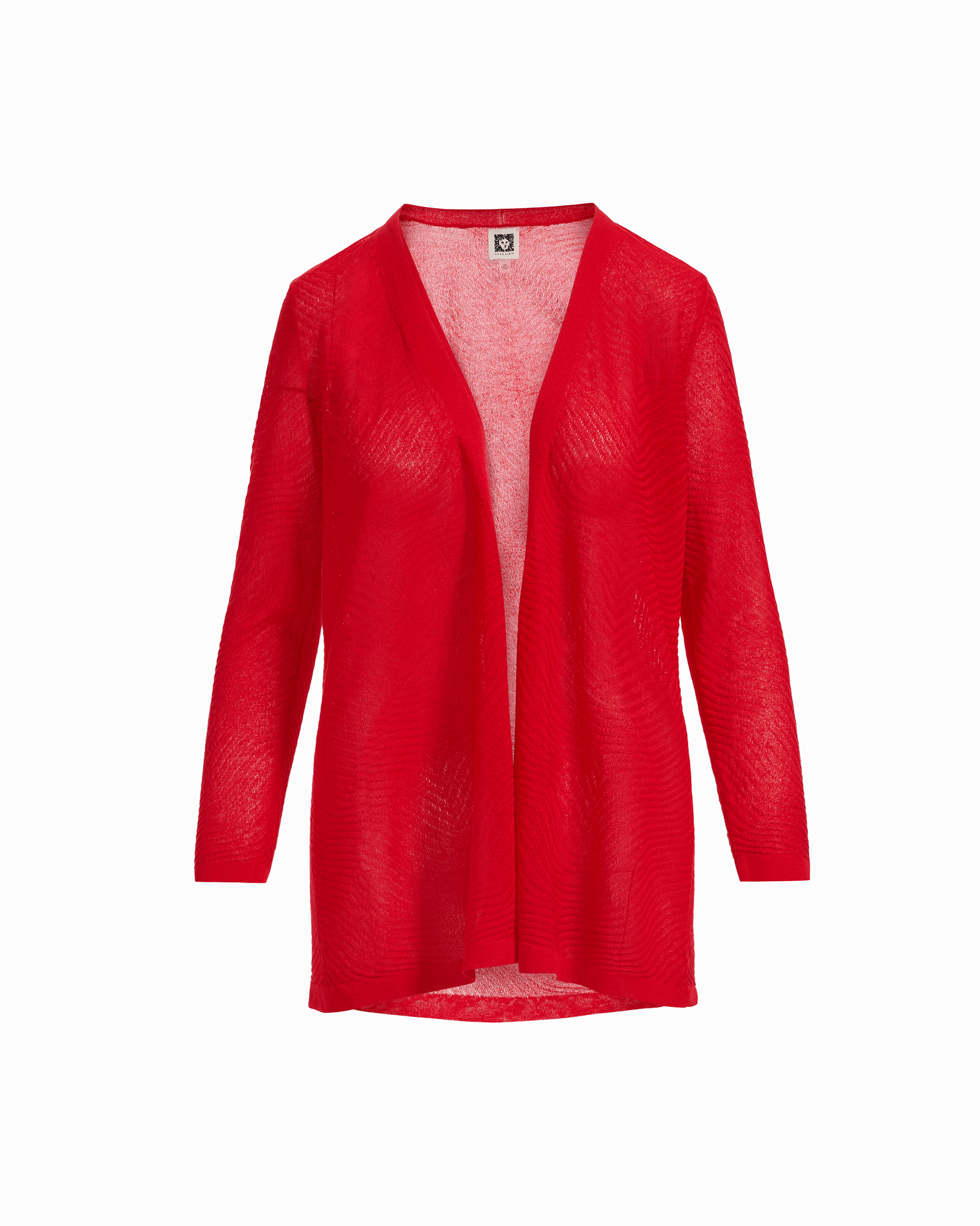 Anne Klein BEGONIA RED Textured Stitch Sheer Long Open-Front Cardigan