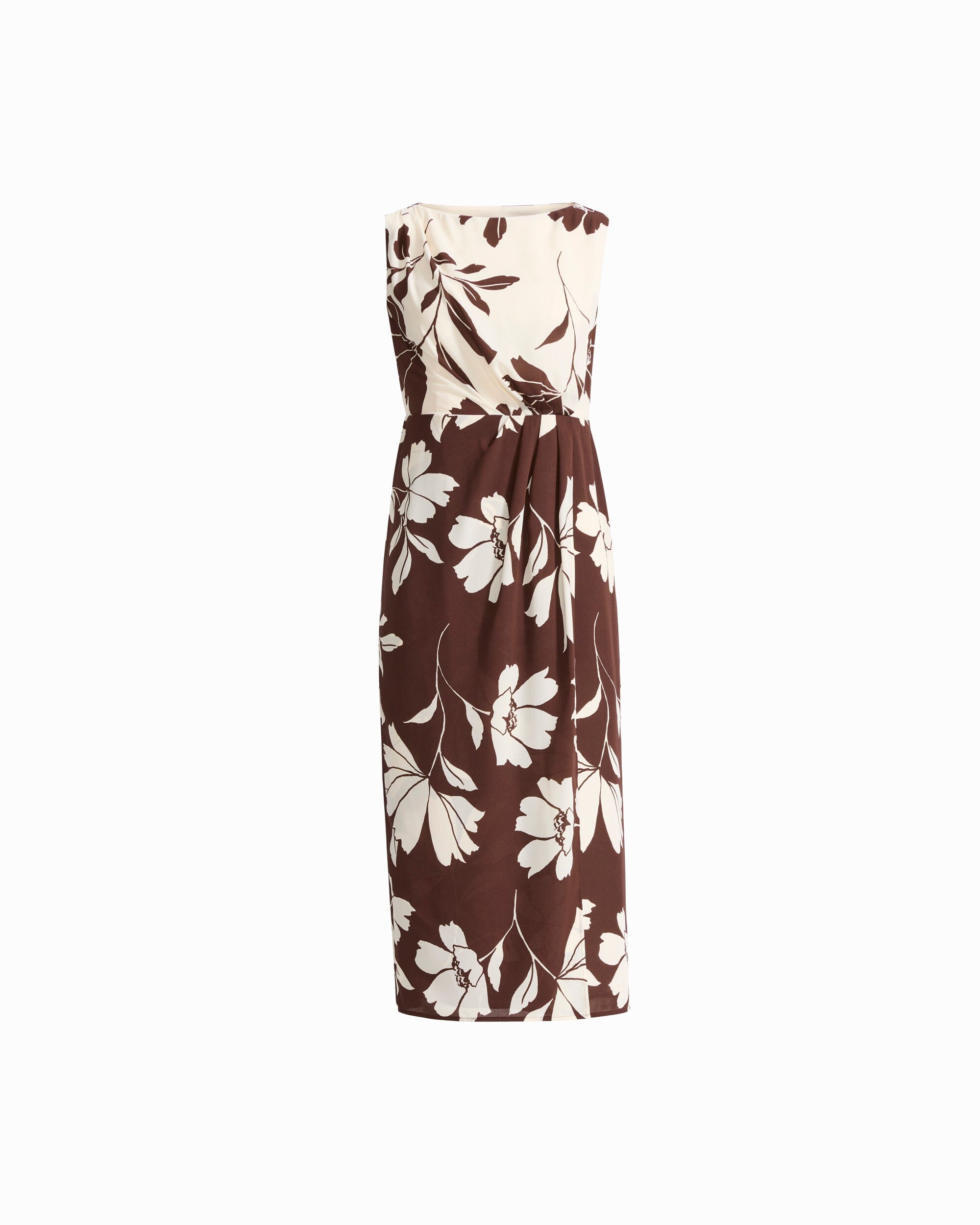 Anne Klein DK CHOC/WHT DV Draped Faux Wrap Sleeveless Modern Midi Dress