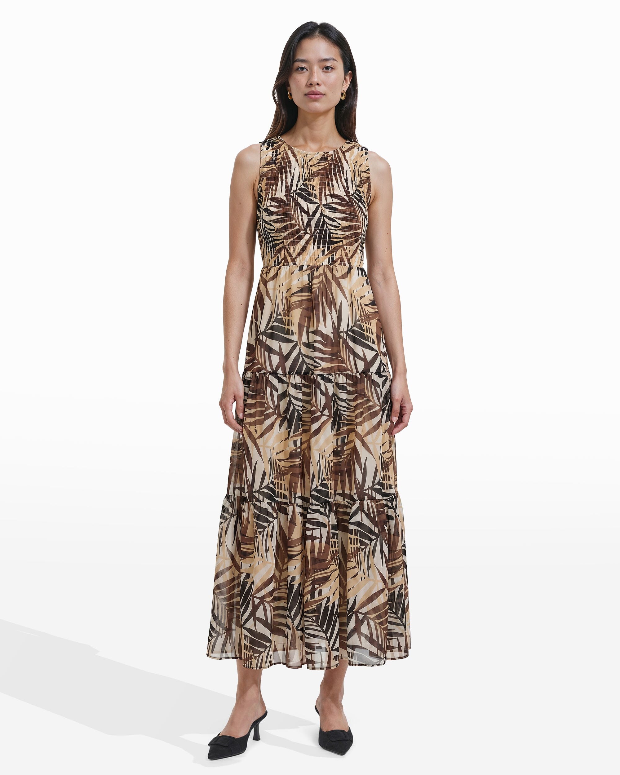 Anne Klein WHITE DOVE MULTI Smocked Bodice Tiered Maxi Dress