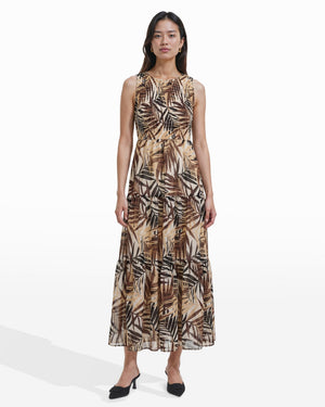 Anne Klein WHITE DOVE MULTI Smocked Bodice Tiered Maxi Dress