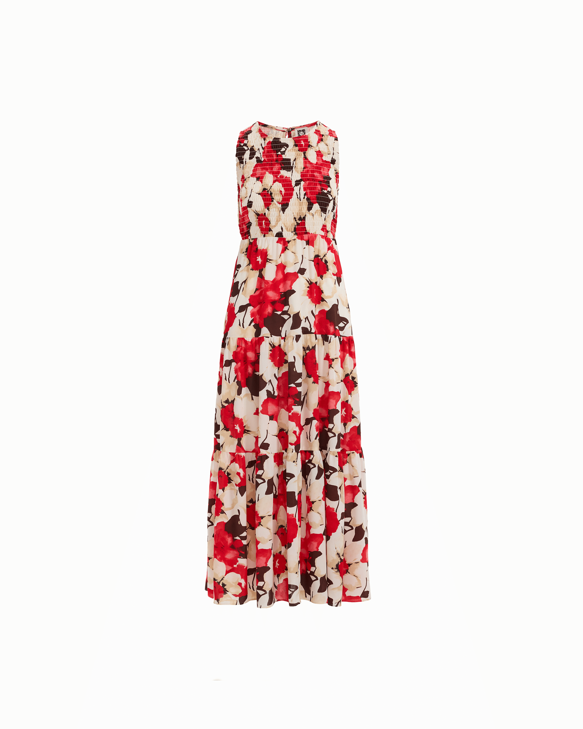 Anne Klein Women's Smocked-Bodice Tiered Maxi Dress - White Dove Multi - Size XL Anne Klein Women's Smocked-Bodice Tiered Maxi Dress - White Dove Multi - Size XL