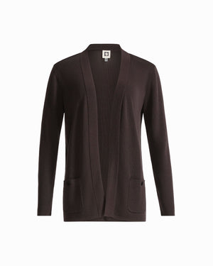 Anne Klein DEEP MAHOGANY Long Sleeve V-Neck Cardigan with Kissing Front and Patch Pockets