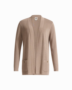 Anne Klein NATURAL CLAY Kissing Front V-Neck Long Sleeve Cardigan with Patch Pockets