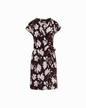 Anne Klein DK CHOC/WHT DV Short Sleeve Classic Wrap V-Neck Dress