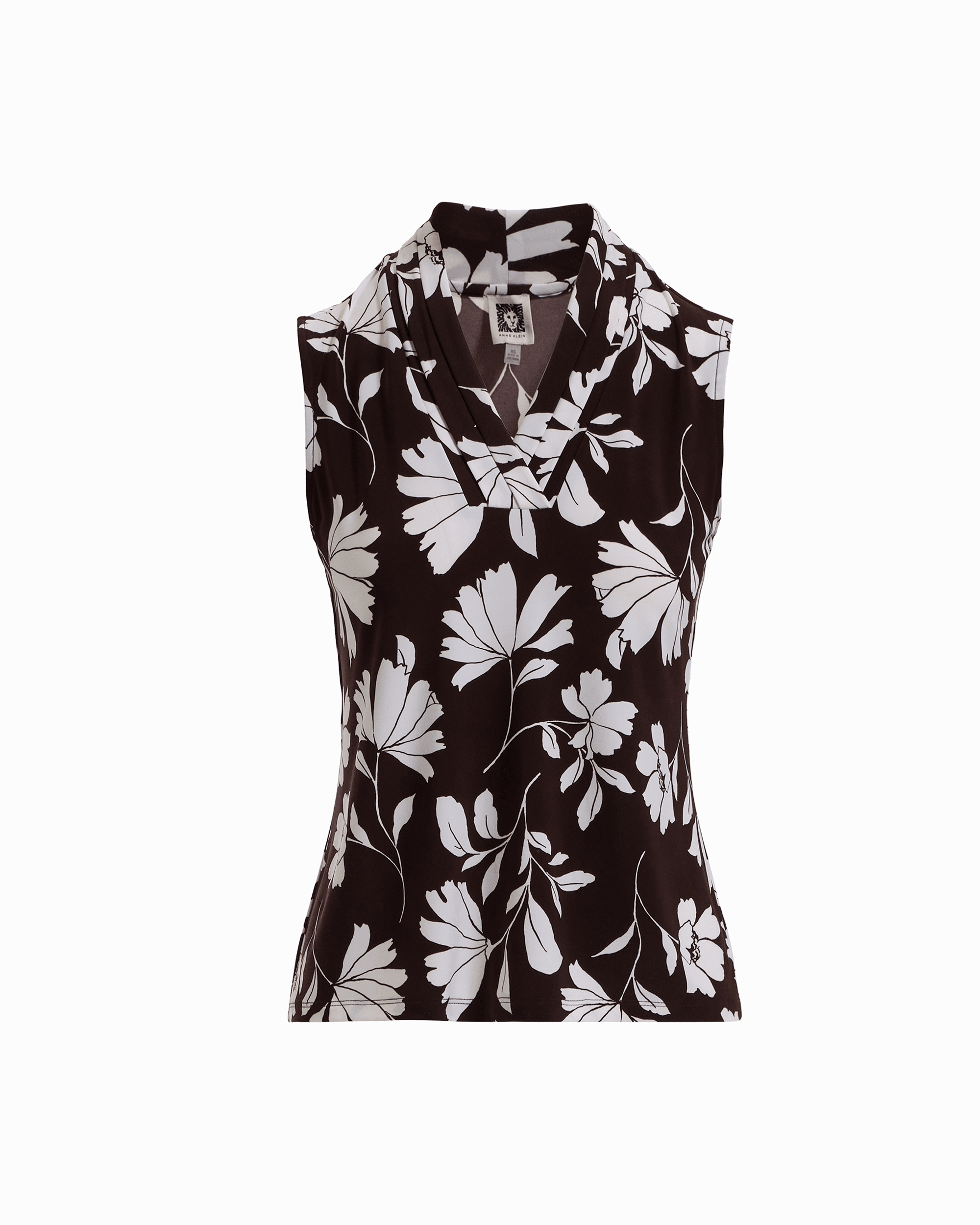 Anne Klein DK CHOC/WHT DV Triple Pleat Sleeveless V-Neck Blouse