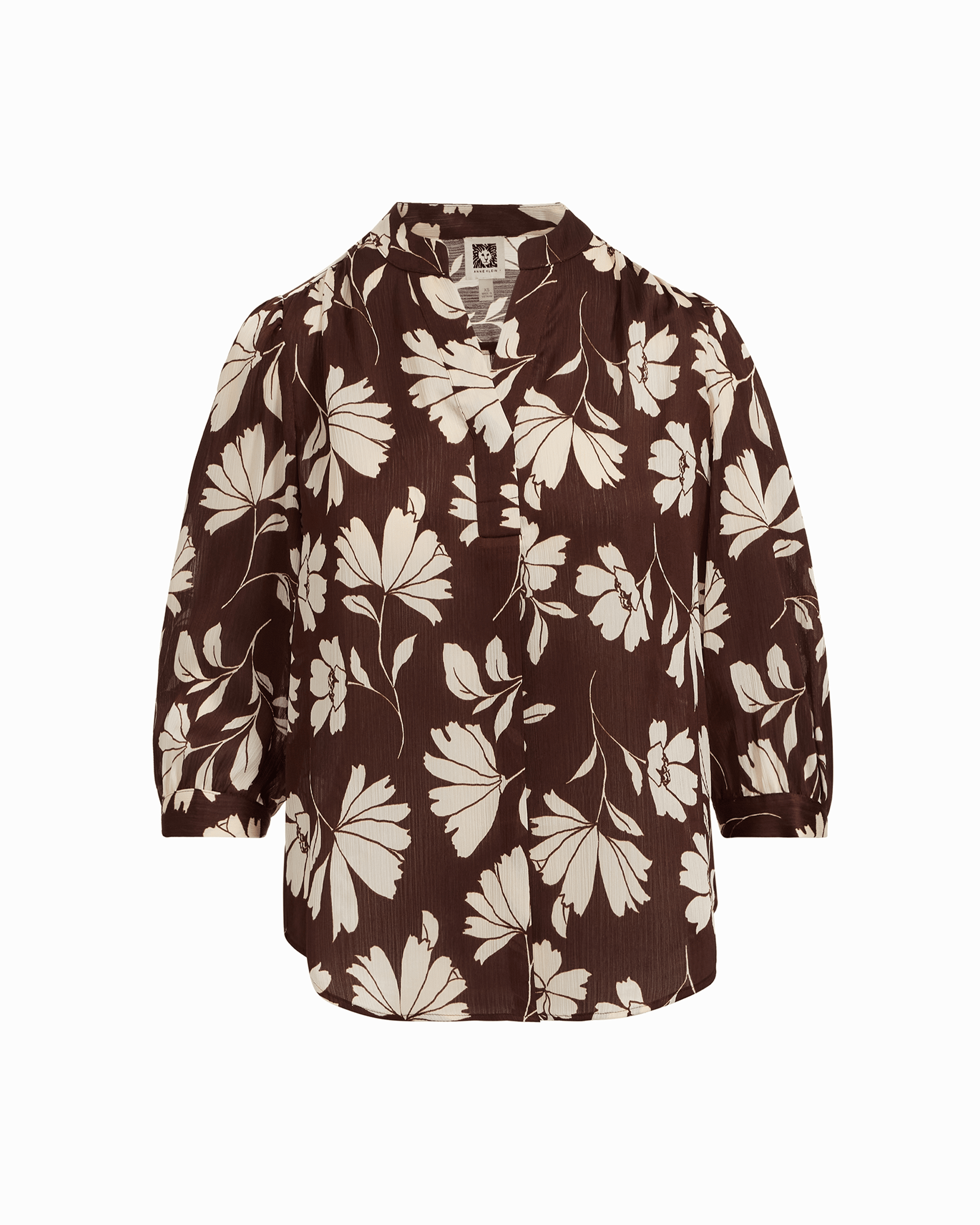 Anne Klein DK CHOC/WHT DV Y-Neck Blouse with Three-Quarter Cuff Sleeves
