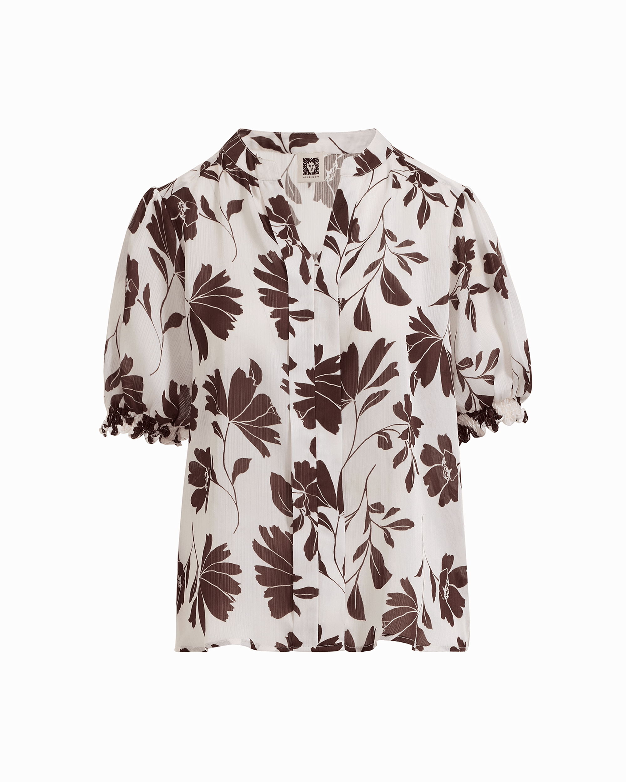 Anne Klein WHT DV/DK CHOC Y-Neck Short Sleeve Blouse with Smocked Cuffs