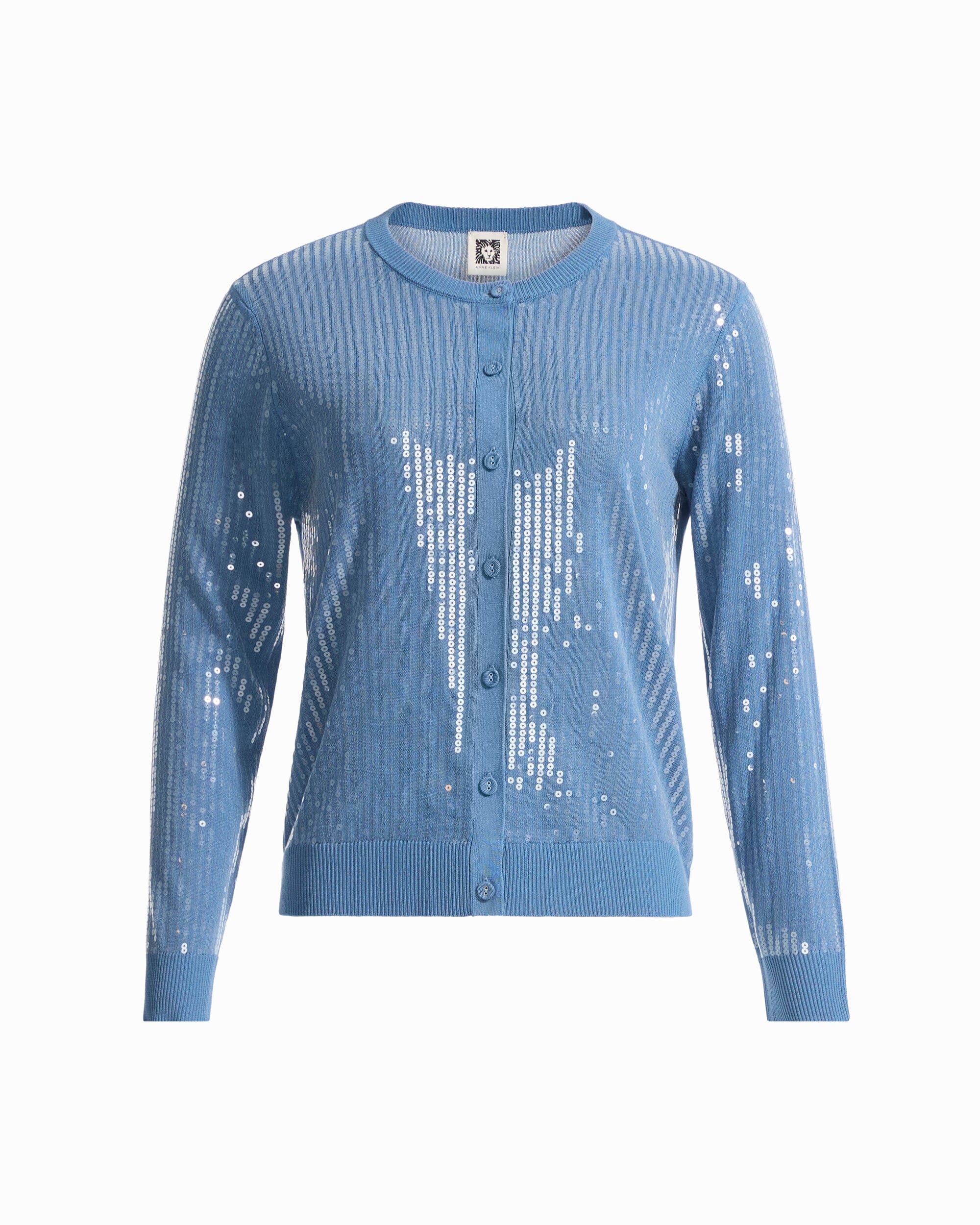 Anne Klein DUTCH BLUE Crew Neck Button-Front Cardigan with Clear Sequins