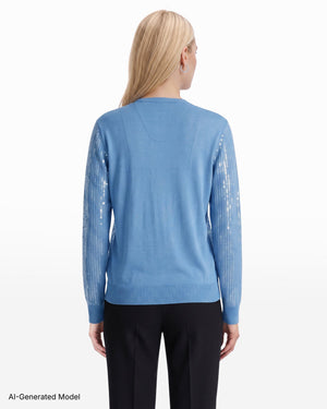Anne Klein Crew Neck Button-Front Cardigan with Clear Sequins